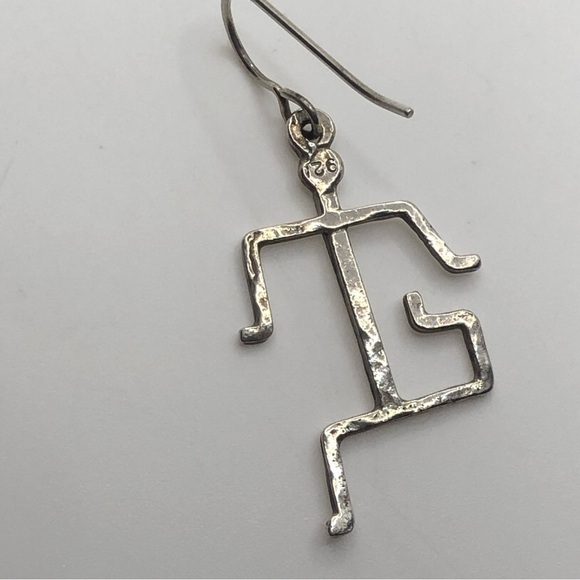 Vtg Sterling Silver Hammered Tribal Style Stick Man Running Earrings 1.7” - Picture 3 of 4